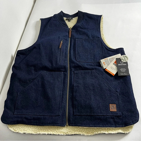 Brixton Builders Abraham Reversible Vest Rinse Blue Denim/Sherpa Size Medium - Picture 1 of 16